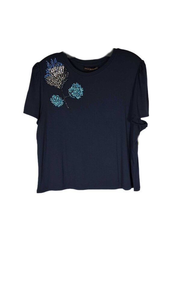 Emily Shalant short sleeve knit top w/sequin flower