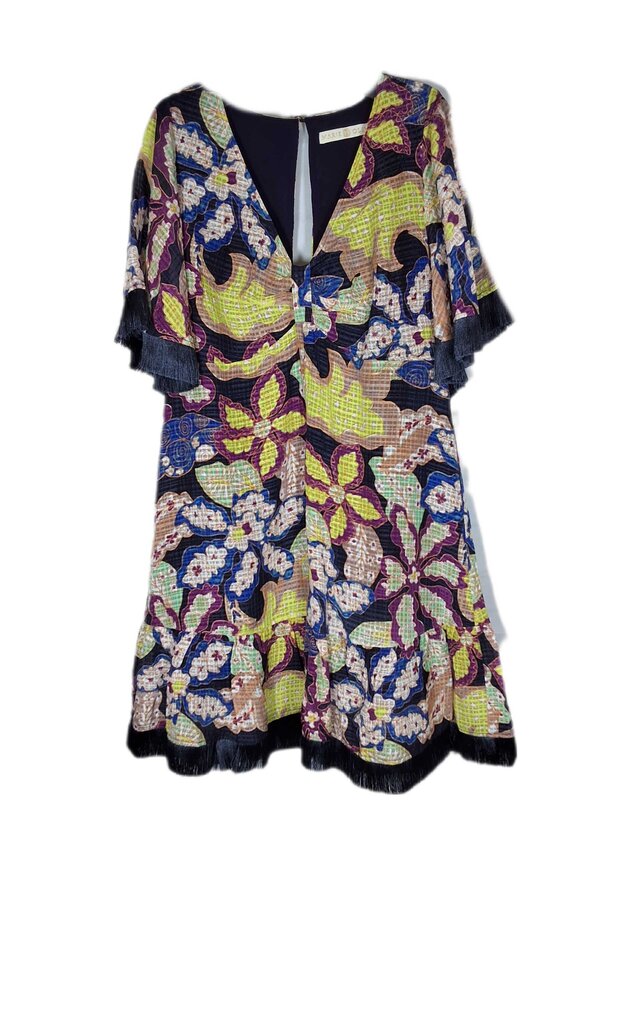 Marie Oliver short sleeve floral dress/fringe trim