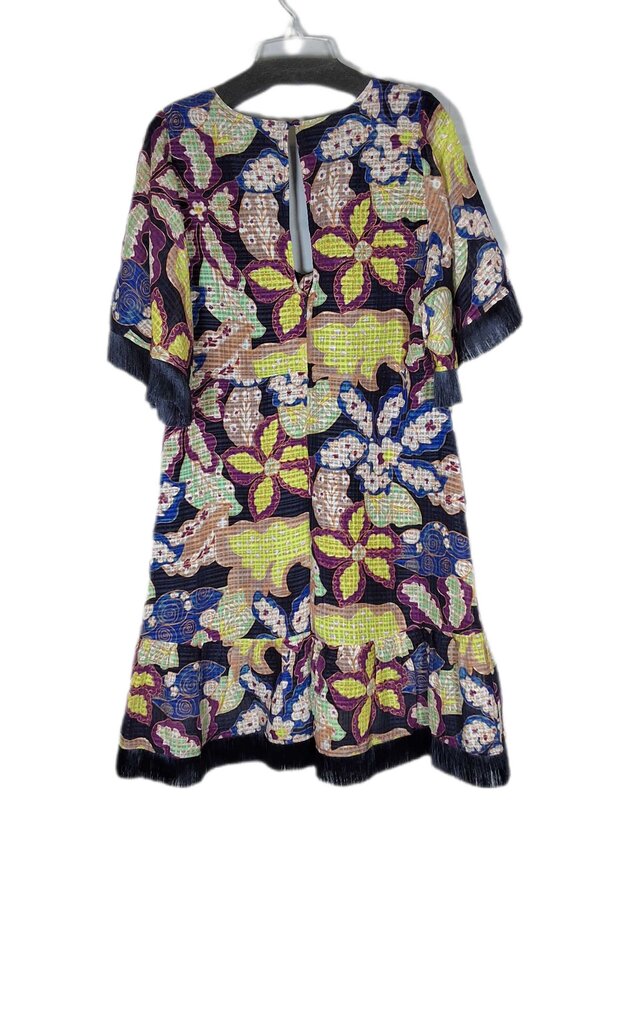 Marie Oliver short sleeve floral dress/fringe trim