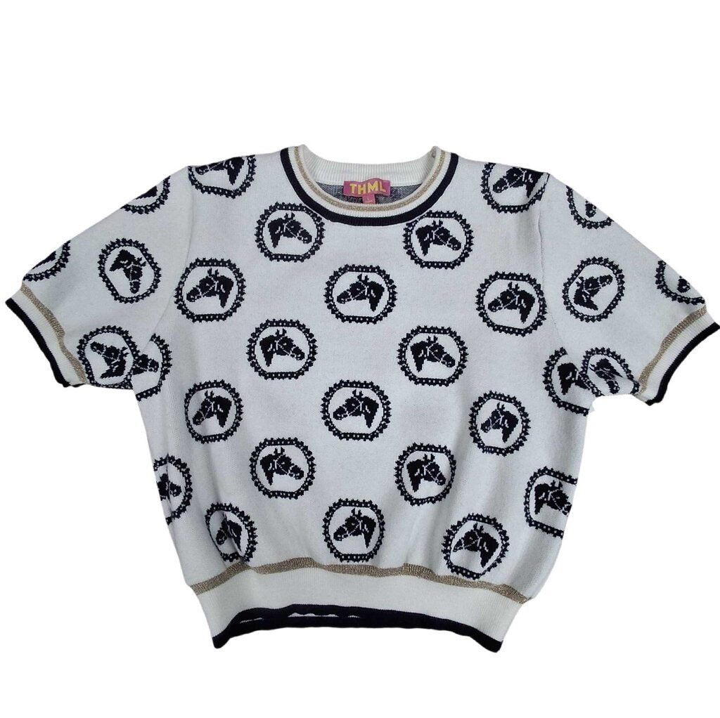 THML puffy 3/4 sleeve top crop sweater/horse medallions