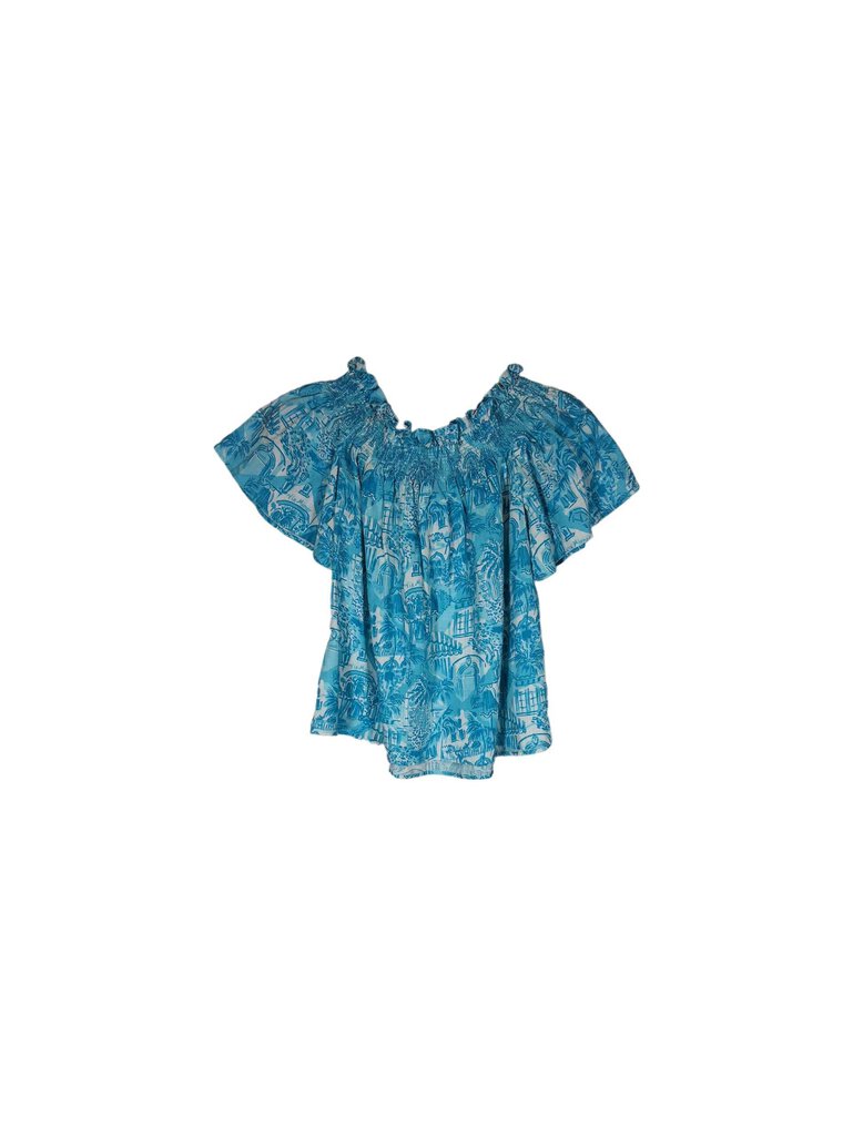 Lilly Pulitzer linen elastic neck top/scenes