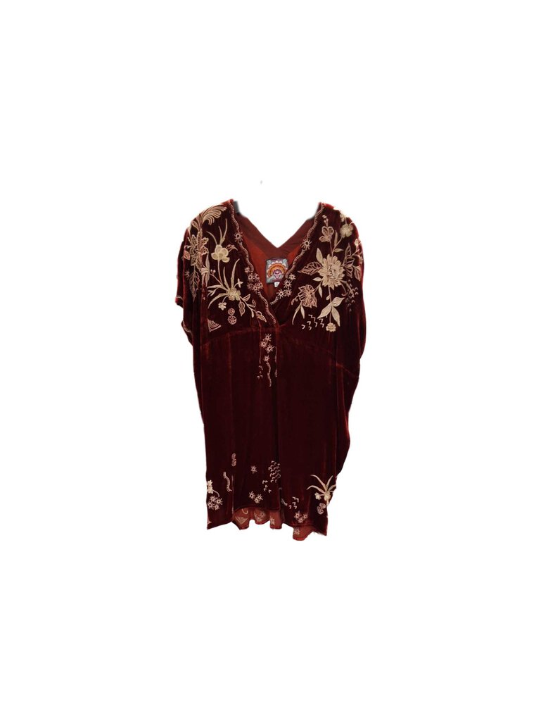 DES/JOhnny Was cap sleeve velvet dress/embroid flowers