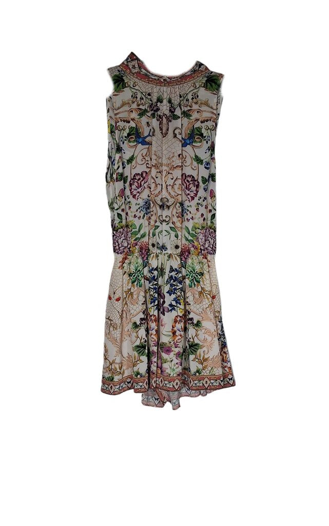 camilla sleveless silk floral romper/back sash