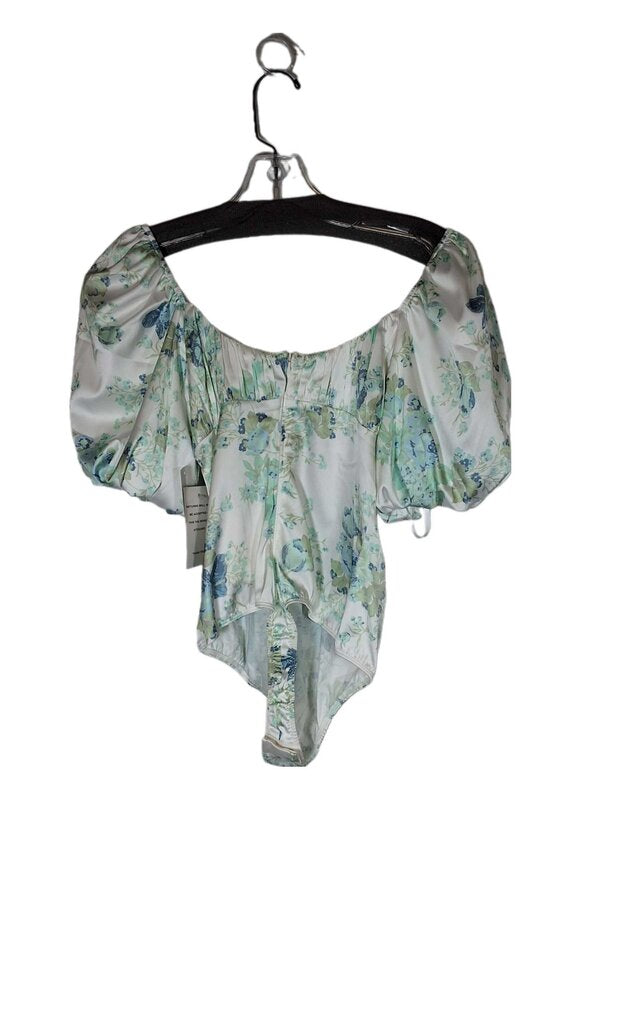 For Love of Lemons puff sleeve floral bodysuit/satin