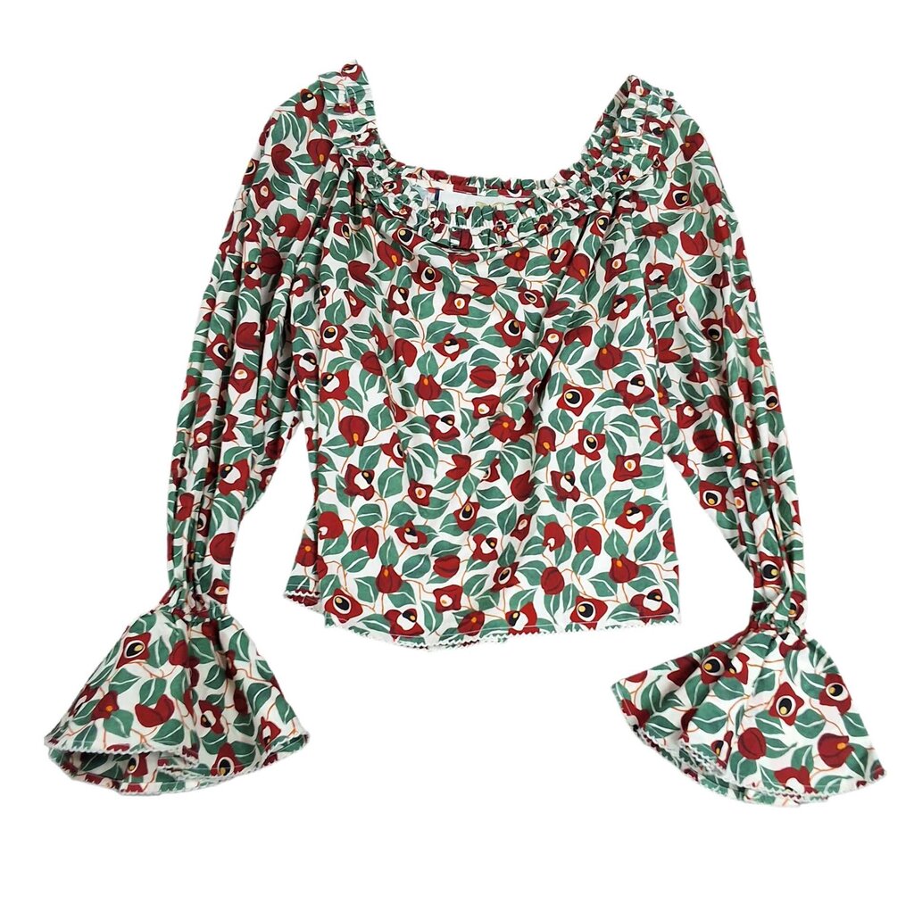 AGUA long sleeve floral scoop neck top/elastic big cuff