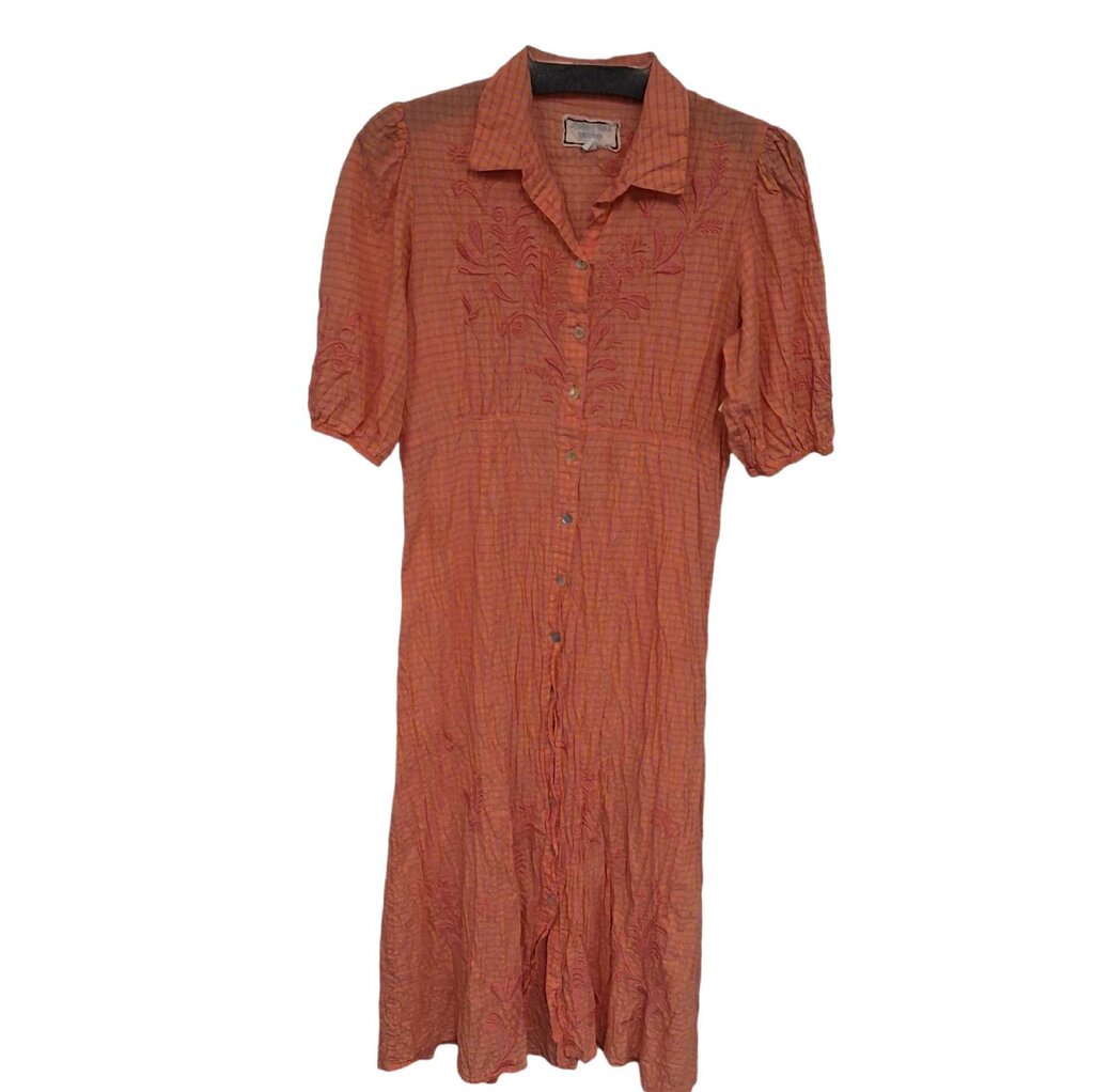 Johnny Was short sleeve plaid crinkle maxi/ebroidery